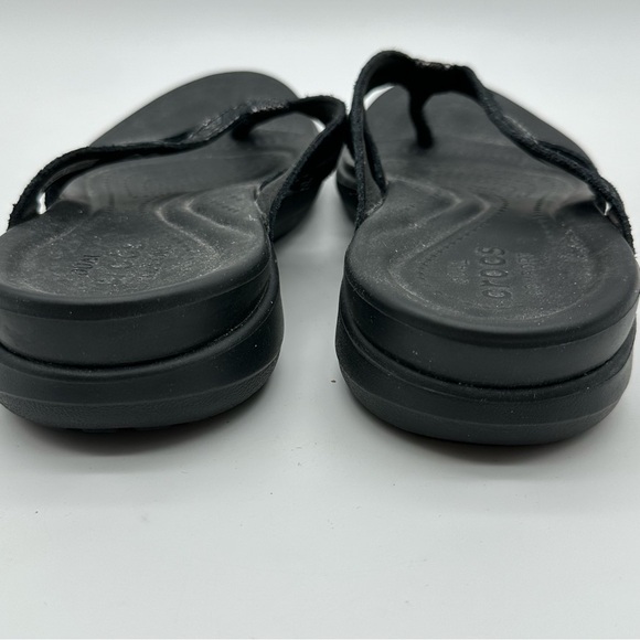 CROCS Capri Black Suede with Metallic Snake Print Women's Flip Flop Sandals - Picture 3 of 10